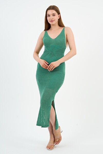 ALEXANDERGARDI Askılı V Yaka Ajurlu Yırtmaçlı Uzun Triko Elbise (A92533-S)