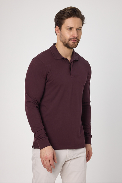 Frappoli Ανδρικό μπλουζάκι Fonte Claret Red 100% βαμβακερό πλεκτό εύκαμπτο ύφασμα με λεπτή εφαρμογή μακρυμάνικο μπλουζάκι πόλο