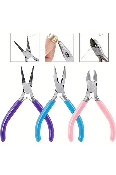 Choice 3 Color 3pcs Jewelry Making Pliers Set - Needle Nose, Chain Nose, Round Nose & Wire Cutter - Perfect