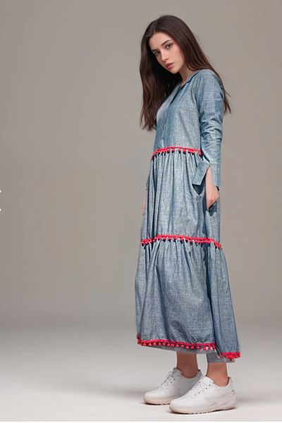 poupee Rochie lungă de jeans pentru femei, rochie de damă, rochie de damă din denim albastru, rochie lejeră