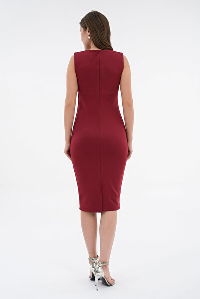 bayansepeti Flexible Scuba Diver Fabric Pencil Cutout Collar Ribbed Back Slit Burgundy Midi Dress 2387