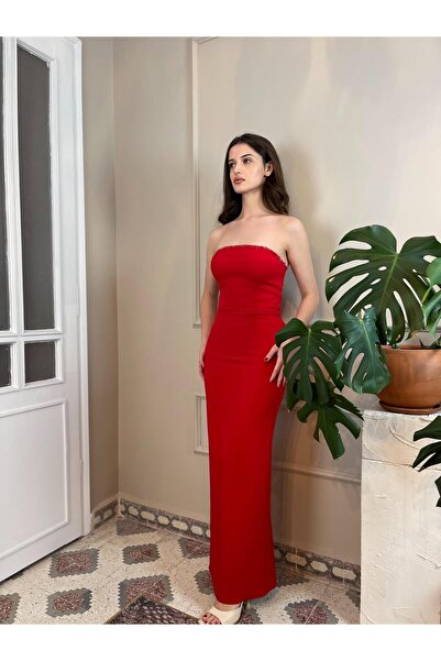 Veste Moda Double Krep Kumaş Dar Kesim Maxi Boy Yaka Kristal Taş İşlemeli Abiye Elbise