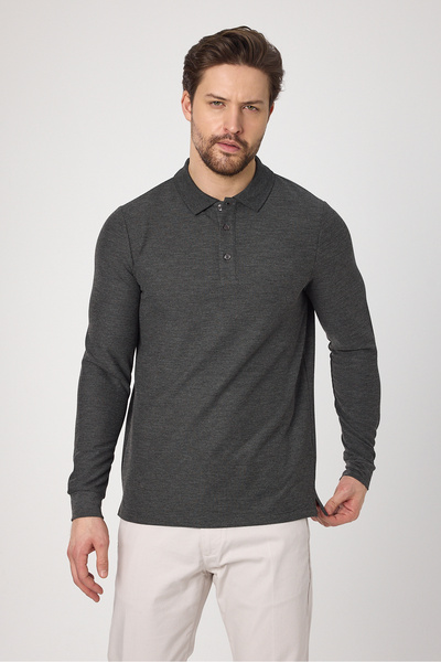 Frappoli Ανδρικό μπλουζάκι Lewin Anthracite 100% βαμβακερό βάφλα που δεν τραβάει, ελαστικό ύφασμα με λεπτή εφαρμογή μακρυμάνικο μπλουζάκι πόλο