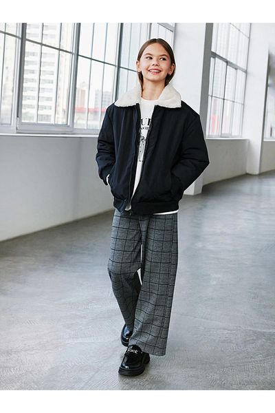 LC Waikiki Lcw Kids Black Elastic Waist Plaid Girls' Pants