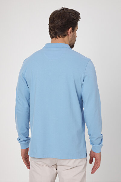 Frappoli Fonte Erkek Mavi %100 Pamuk Pike Örme Esnek Kumaş Dar Kesim Uzun Kol Polo Tişört