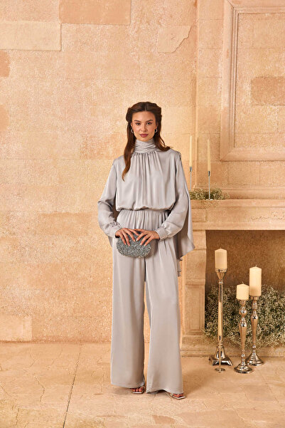 EMNORA Pelerinli Saten Abiye Tulum Gümüş