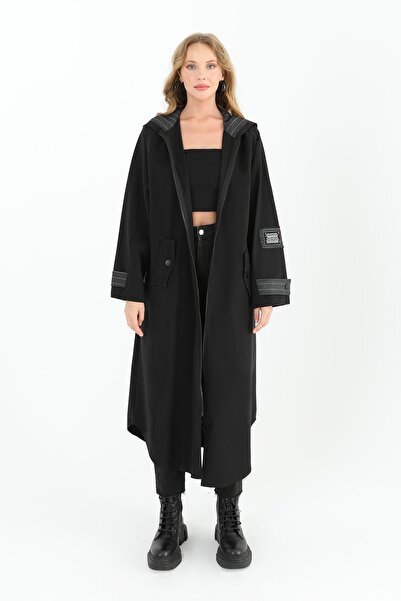 Puane Kadın Kapüşonlu Fermuarlı Uzun Hırka - 15174HRK - Siyah