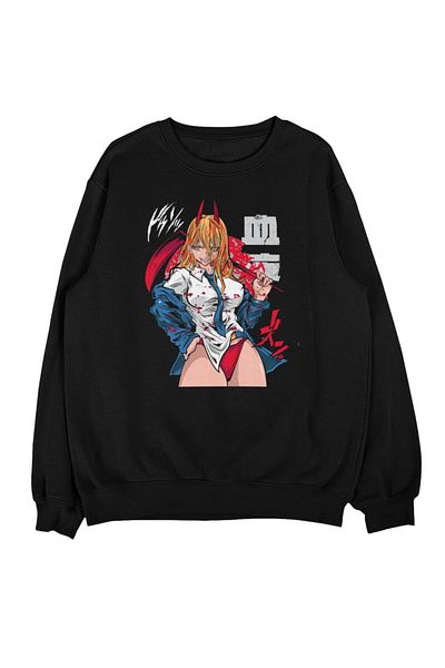 Fuddy Moda Oversize Chainsaw Man Power Printed Hoodless Sweatshirt, Unisex Anime Themed Crew Neck Sweatshirt