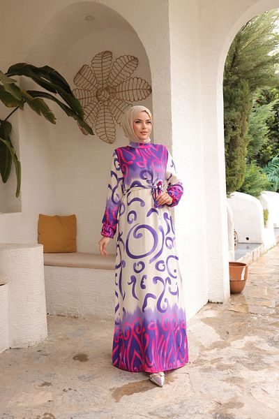 Zaure Women's Hijab Patterned Belted Long Viscose Dress