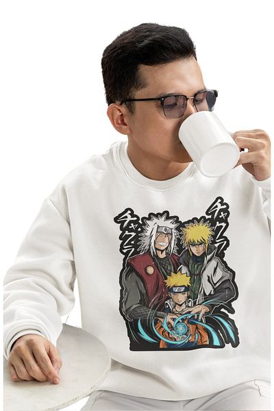 Fuddy Moda Hanorac oversize unisex cu imprimeu Naruto Jiraiya Minato Namikaze
