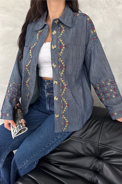 FEMELLE Jachetă de damă, albastră, sezon nou, cu buzunare duble, broderie completă, cu nasturi brodate