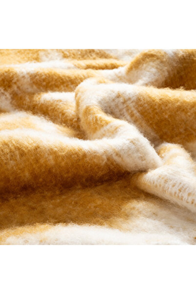Zsa Zsa Zsu Ropar Saçaklı Jakarlı Akrilik Yün Akrilik Yün Koltuk Şalı 130x180 Cm Hardal Sarısı-ekru