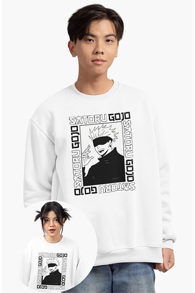 Fuddy Moda Hanorac oversize cu imprimeu Gojo Satoru fără glugă, hanorac unisex Jujutsu Kaisen cu tematică anime