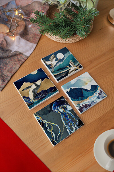 arslart Workshop Night Landscapes and Sea Themed Coasters Set of 4 Natural St...