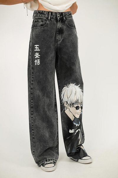 Karakedi Pantaloni unisex din denim largi cu imprimeu Jujutsu Kaisen
