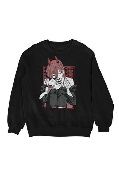 Fuddy Moda Oversize Power Written Hoodless Sweatshirt, Unisex Chainsaw Man Anime Themed Crew Neck Sweat