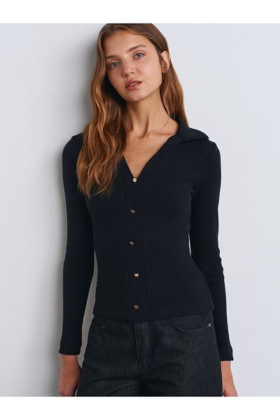 Dilvin 31436 Guler Polo Detaliu cu nasturi Top-Negru