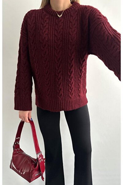fujya Bisiklet Yaka Oversize Saç Örgü Triko Kazak Bordo