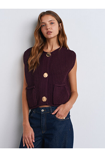 Dilvin 60274 Tricotaj cu buzunare cu decolteu și nasturi Vestă-Visiniu închis