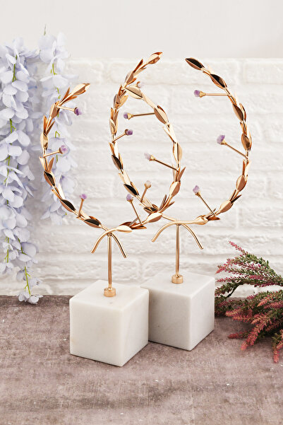 AKSESUAR EVRENİ Lior 2 Li Dekoratif Mermer Ayaklı Dal Hilal Obje Gold