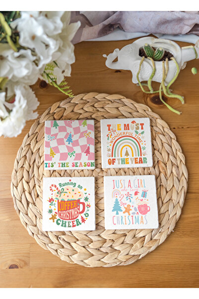 arslart طقم قواعد أكواب ملونة بطابع رأس السنة الجديدة مكون من 4 قطع من حجر الترافرتين الطبيعي (10 × 10 سم)