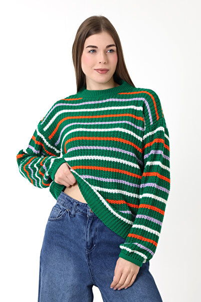 Devinka Kadın Yeşil Çizgili Triko Kazak