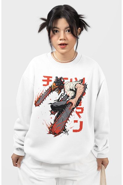 Fuddy Moda Φούτερ με στάμπα Denji CSM Unisex Oversize - Ανιμέ ανδρικό αλυσοπρίονο, χωρίς κουκούλα, λαιμόκοψη