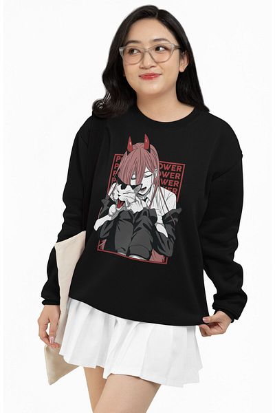 Fuddy Moda Oversize Power Written Hoodless Sweatshirt, Unisex Chainsaw Man Anime Themed Crew Neck Sweat