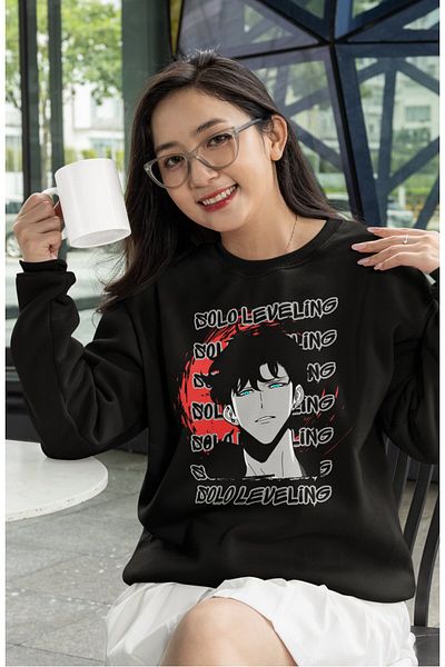 Fuddy Moda Oversize Solo Leveling Written Hoodless Sweatshirt, Unisex Anime Themed Crew Neck Sweatshirt