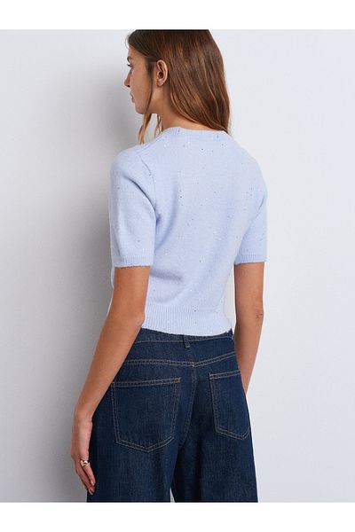 Dilvin 10703 Pulover din tricot cu sclipici cu paiete cu gâtul turn-albastru