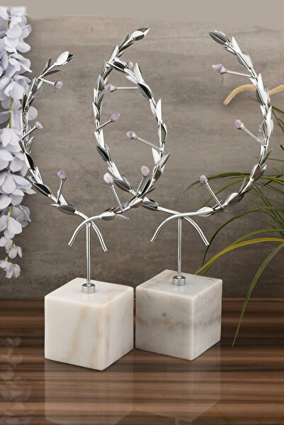 AKSESUAR EVRENİ Lior 2 Li Dekoratif Mermer Ayaklı Dal Hilal Obje Krom