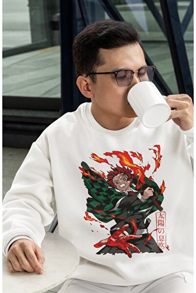 Fuddy Moda Оверсайз Камадо Танджіро з принтом, без капюшона, унісекс, Demon Slayer Anime, велосипедний комір, світшот