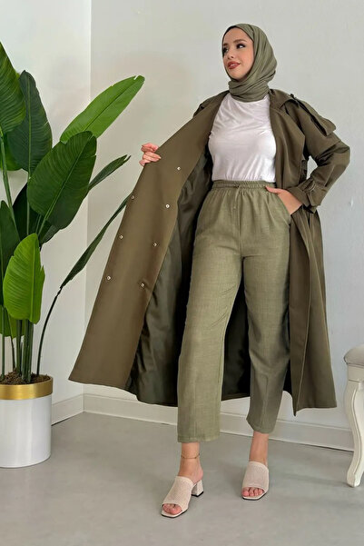 Tesettür Diyarı Pantaloni de damă Sofia Linen - țesătură Melange, culoare kaki