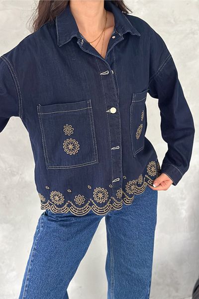 FEMELLE Jachetă de damă, albastru bleumarin, cu broderie cu buzunar dublu
