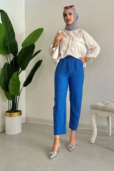 Tesettür Diyarı Sofia Linen Women's Trousers - Melage Fabric, Blue