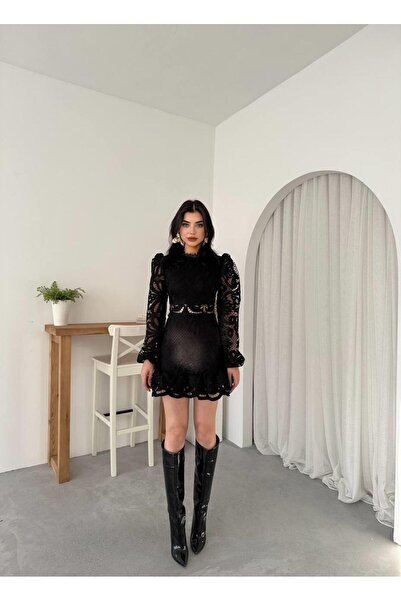 conconmoda Tasarım Dantel Güpür Mini Elbise