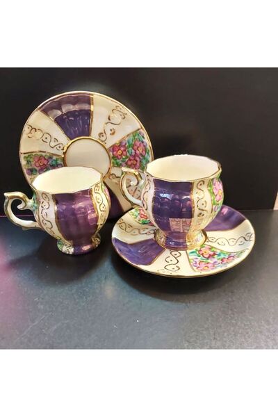 BY.RAYKA PORSELEN El Dekor Morçiçek Porcelain Hand Painted Set of 2 Coffee Cups