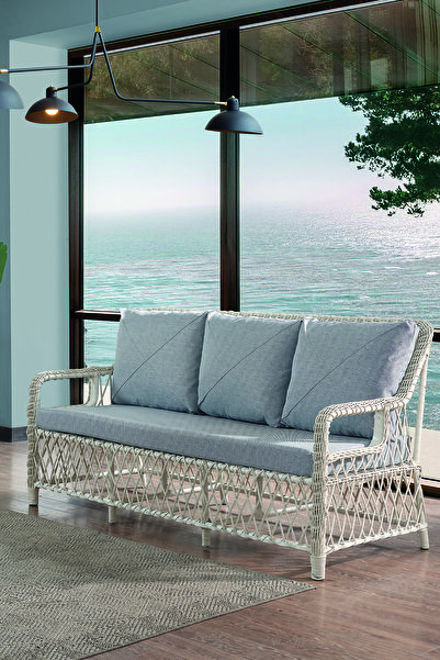 Evdemo Edra Rattan Puflu Bahçe Balkon Takımı 3+1+1+Camlı Masa Kemik Rengi