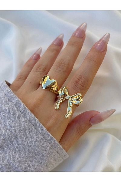Eylülün Takısı Women's Gold Color Adjustable 2-Piece Bow Heart Ring