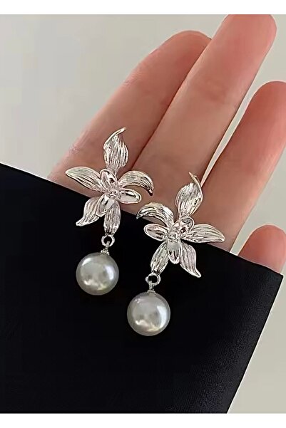 takıtarzım أقراط متدلية نسائية باللون الفضي على شكل زهرة اللؤلؤ