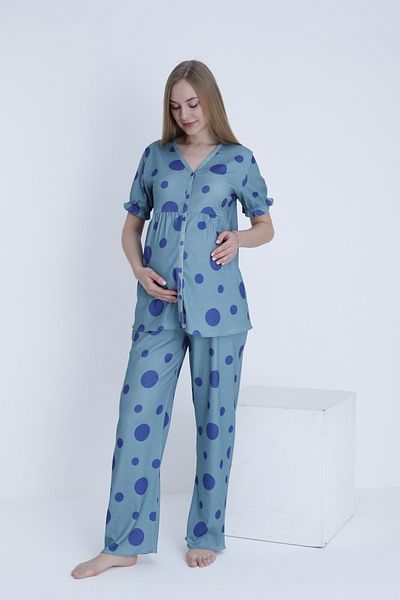 Miss Dünya Lissa Front Button V Neck Wrapped Fabric Adjustable Waist Maternity and Maternity Pajamas Set