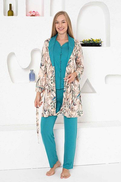 ALİMER Set pijama și rochie din lycra din 3 piese cu dantelă de smarald - 2741