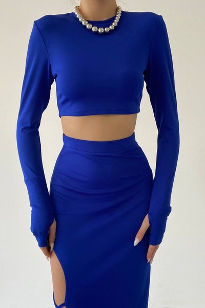 bayansepeti Saks Blue Flex Fabric Crop Bluză și fante cu șireturi Design Midi Fusta Set din două piese 299