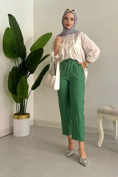 Tesettür Diyarı Green Sofia Linen Women's Trousers - Melage Fabric
