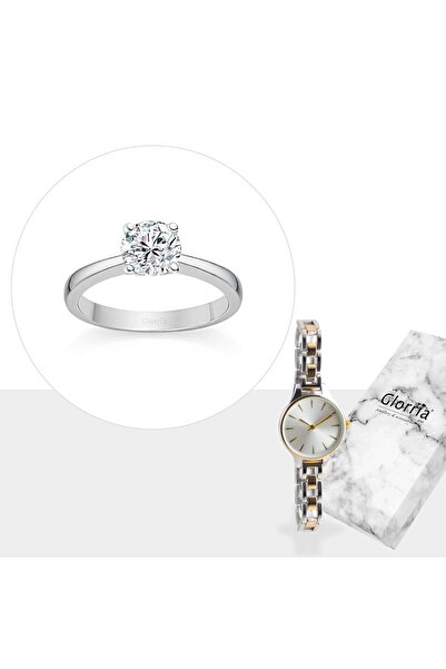 Glorria Gümüş Tektaş Yüzük - Saatli Hediye Seti - Dt0213-hs
