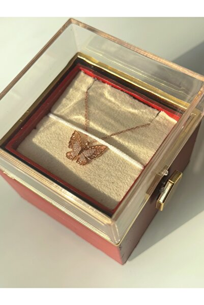 Harlofia Jewelry 925 Gümüş Kelebek Kolyeli Dönen Gül Hediye Kutusu
