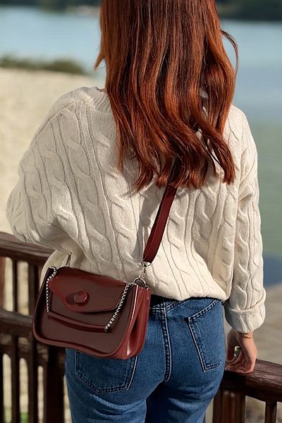 Katusa Women's Burgundy Chain Baguette Bag