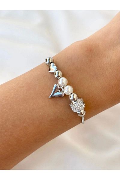 Eylülün Takısı Women's Silver Color Pearl-Heart Model Multiple Charm Bracelet