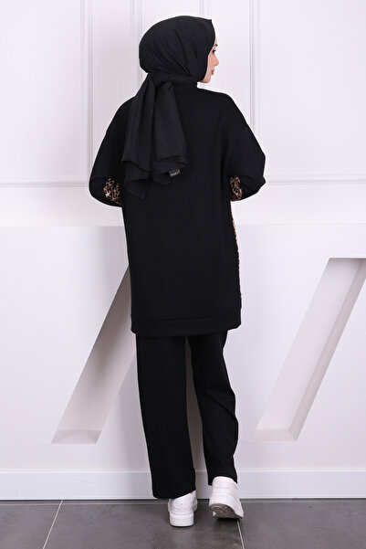 İmajButik Leopard Print Black Sequined Tunic - Pants