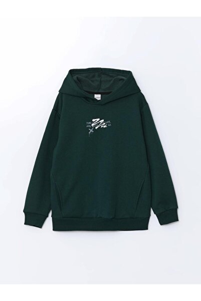 LC Waikiki LCW Παιδική πράσινη κουκούλα με στάμπα χοντρή μπλούζα για αγόρι